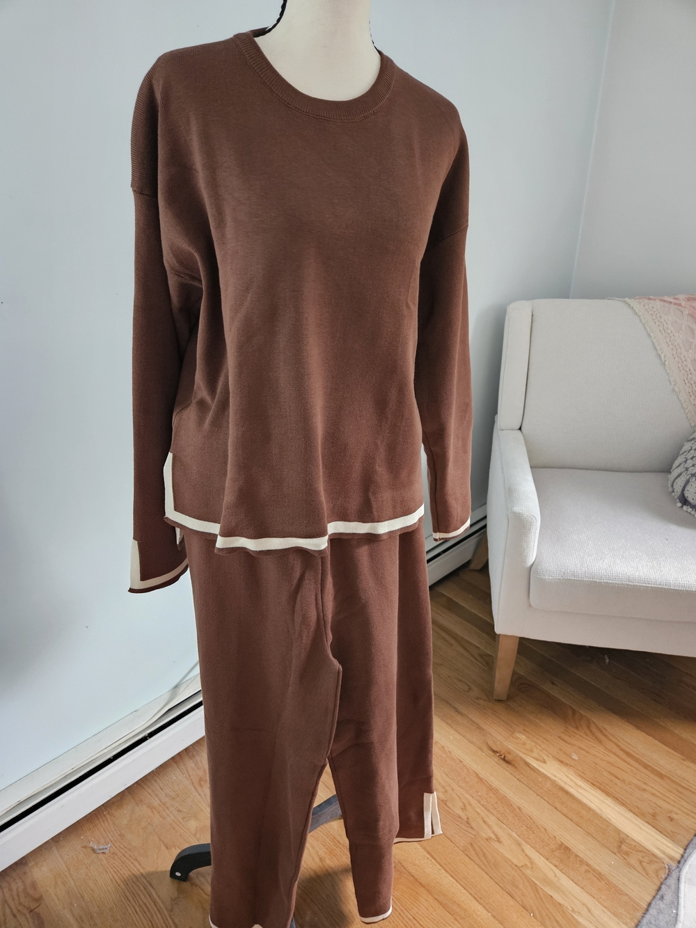 Brown Knit Two-Piece Pantsuit with Cream Trim
